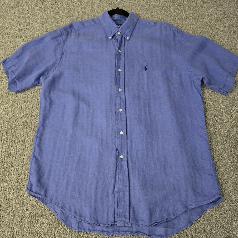 VTG Polo Ralph Lauren Blake Button Down Shirt Mens L Blue 100% Linen SS